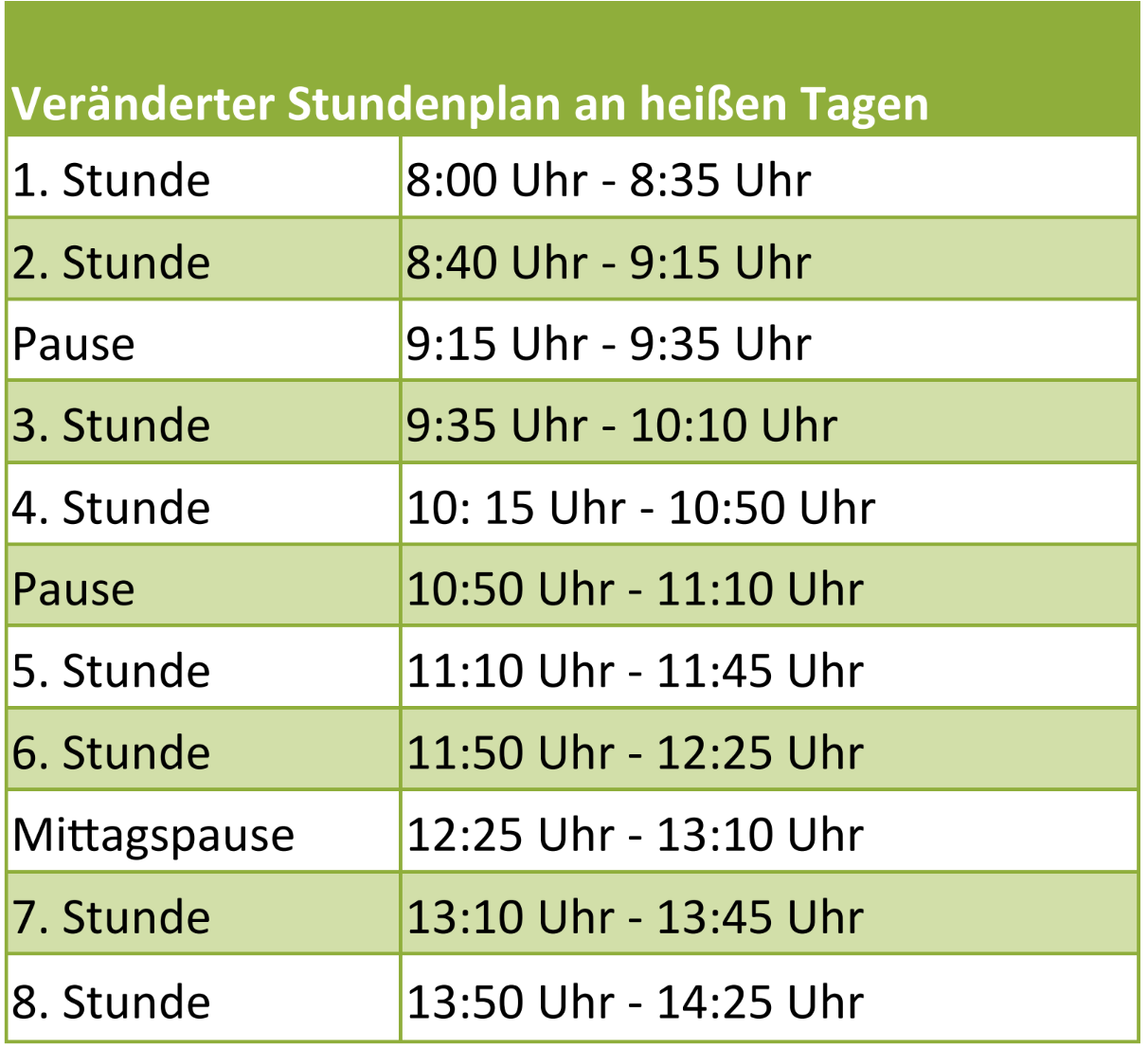 Stundenzeiten bei verkürztem Stundenplan